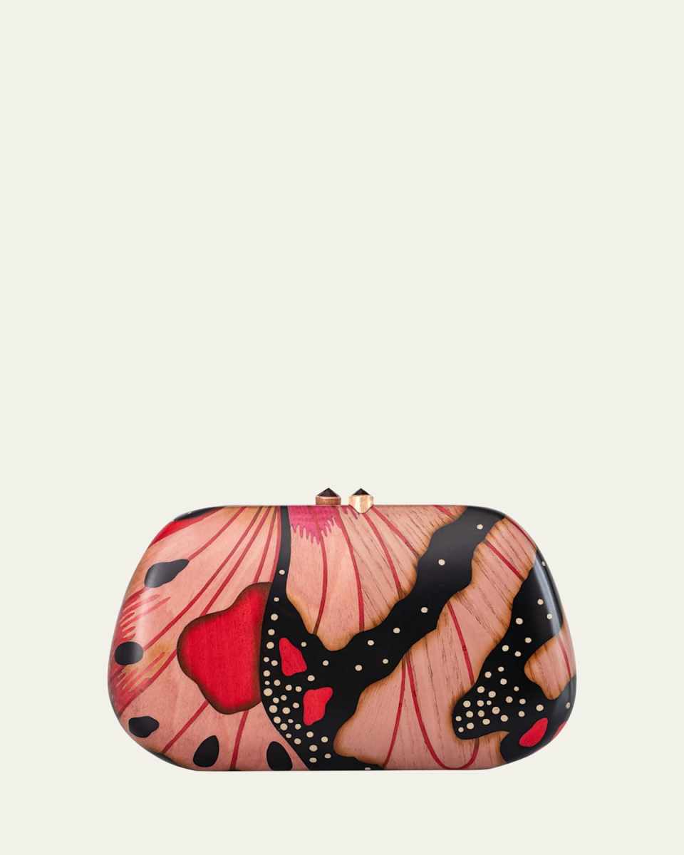 18K Yellow Gold Marquetry Clutch with Butterfly Wing Print and Garnet